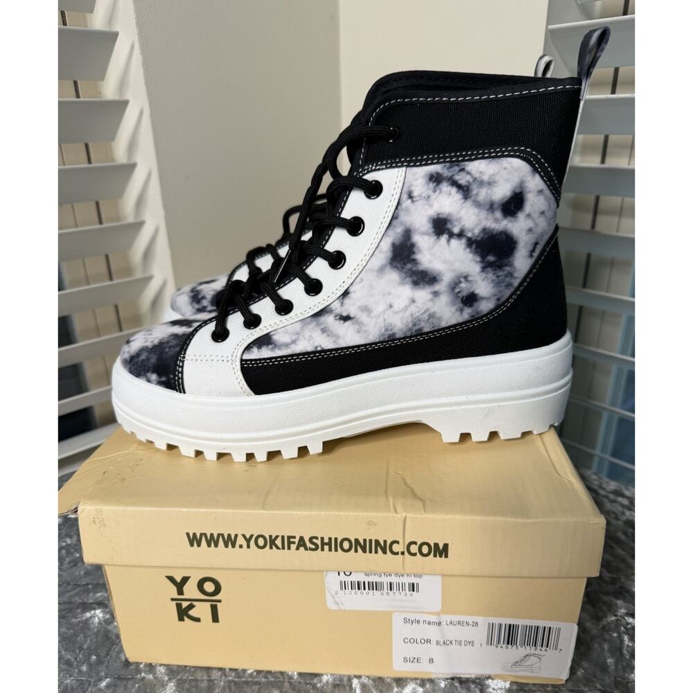 Yoki Lauren-28 Black Tie Dye Platform Combat Boots Women’s Size 8 NWT